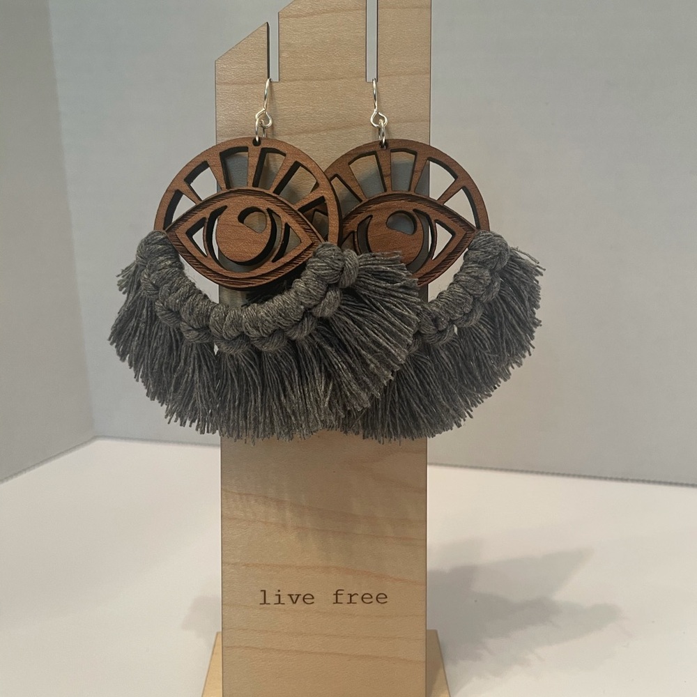 Wooden Grey Fringe Earrings.
